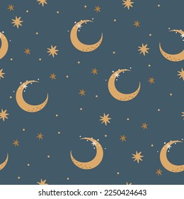 Seamless vector pattern. Moon, crescent moon and stars. Magical background, night sky 