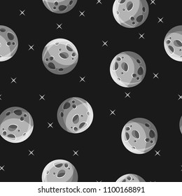 Seamless vector pattern with Moon on black background.  Flat cartoon collection of heavenly bodies. Design for web page backgrounds, fabric, wallpaper, textile and decor.