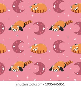 Seamless vector pattern with moon and red panda. Trendy baby texture for fabric, wallpaper, apparel, wrapping