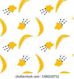 Seamless vector pattern with moon and stars for printing on fabric, postcards, kids rooms, for kids.