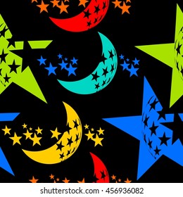 Seamless vector pattern with moon and stars on black background. Wallpaper, textile, pattern fills, web page background, surface textures.