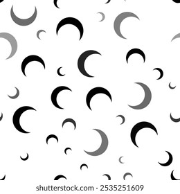 Seamless vector pattern with moon symbols, creating a creative monochrome background with rotated elements. Vector illustration on white background