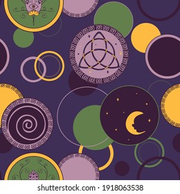 Seamless vector pattern with moon witch talisman on purple background. Spiritual magic wallpaper design. Wicca protection fashion textile.
