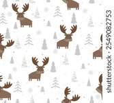 Seamless vector pattern with moose, Christmas tree and snow. Hand drawn winter forest landscape.