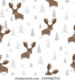 Seamless vector pattern with moose, Christmas tree and snow. Hand drawn winter forest landscape.