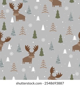 Seamless vector pattern with moose or deer and Christmas tree. Hand drawn winter forest landscape.