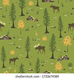 Seamless vector pattern with moose in forest on green background. Canada wild animal wallpaper design Scandinavian landscape. 