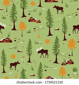 Seamless vector pattern with moose landscape on light green background. Canadian forest wallpaper design. Animal fabric fashion.