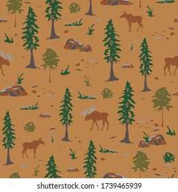 Seamless vector pattern with moose landscape on light brown background.  Canadian forest animal wallpaper design.
