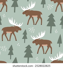 Seamless vector pattern with moose and pine trees. Hand drawn forest landscape. EPS 10 vector file. Perfect for textile, wallpaper or print design.