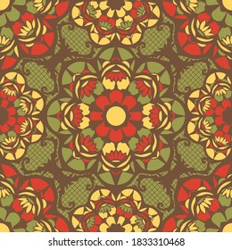 Seamless vector pattern Moroccan style lace texture with red and green colours. Simple ethnic tribal background. Mosaic fashion textile.