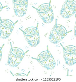 Seamless vector pattern with moscow mule cocktail hand drawn ink illustration on white background