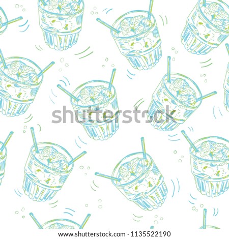 Seamless vector pattern with moscow mule cocktail hand drawn ink illustration on white background