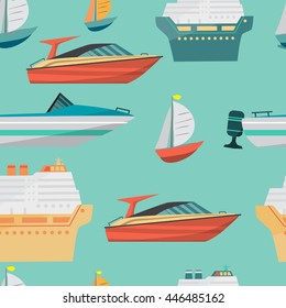 Seamless vector pattern with motor boat and ships cruise liner. Sea or river ship, flat cartoon background