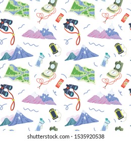 Seamless vector pattern. Mountain hiking equipment. Compass, binocular, water, snack, solar power bank, map. For design, prints, stickers, sport and touristic business.  