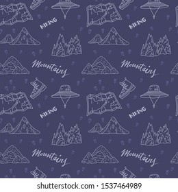 Seamless vector pattern with mountain hiking equipment. Backpack, map, knife, sunscreen, glasses, compass, binocular, water, medical kit.  For design, prints, stickers, sport and touristic business. 