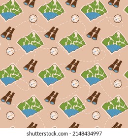 Seamless vector pattern. Mountain hiking equipment. Compass, binocular and map. For design and prints, stickers, sport and touristic business.