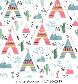 Seamless vector pattern with mountains, tent, arrows, cactus, teepee wig wam. Cute indian background for kids in scandinavian style. 