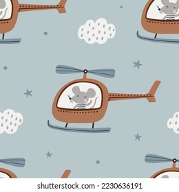 Seamless vector pattern with mouse in  the helicopter. Creative scandinavian kids texture for fabric, wrapping, textile, wallpaper, apparel