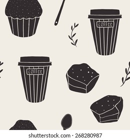  Seamless vector pattern with muffins and coffee. Doodle coffee time background
