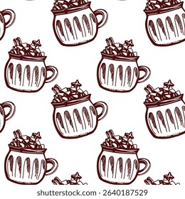 Seamless vector pattern of mugs filled with sweet treats and decorative stars on a clean background
