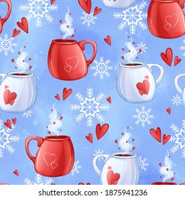 Seamless vector pattern with mugs with hot drink, romantic red hearts and snowflakes on a blue watercolor background. Festive background for Valentine's Day.