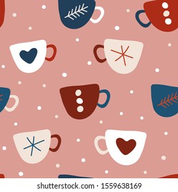 Seamless vector pattern with mugs. Merry Christmas and Happy New Year. Vector illustration for greeting cards, posters, gift tags. Creative hand drawn vector illustration