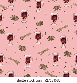 Seamless vector pattern. Mulled wine in the glass cup and spices as anise, cinnamon and clove on the pink background. Winter season drink pattern.