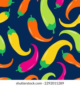Seamless vector pattern with multicolor chili peppers. Traditional Mexican cuisine hot spice. Bright background for shop, restaurant, kitchen decor