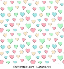 Seamless vector pattern with multicolor pastel hearts. Hand-drawn multicolored background with hearts for Valentine's Day, wedding decoration and childrens design.