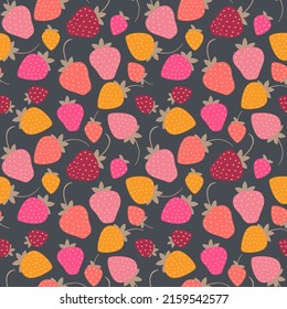 Seamless vector pattern with multicolor strawberries on dark background. Trendy summertime print with berries in hand drawn style