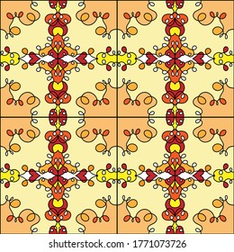 Seamless vector pattern. Multicolor tiles with loops. Yellow background.