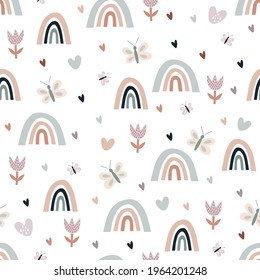 seamless vector pattern with multicolored abstract rainbows, flowers and butterflies on a white background, for childrens and modern designs