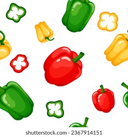 Seamless vector pattern with multi-colored bell peppers with slices on a white background in flat style. Ideal for print, wrapping paper, wallpaper, fabric, design.