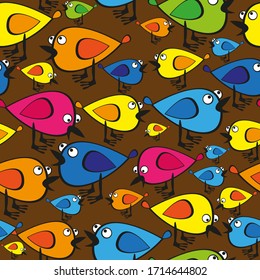 Seamless vector pattern of multicolored birds on a brown background. Big and small.