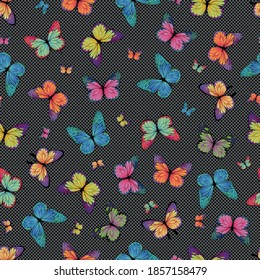 seamless vector pattern with multicolored butterflies on a background with small dots, on a dark background