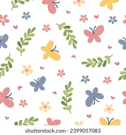 Seamless vector pattern. Multicolored butterflies, flowers and leaves. Pattern on white background 