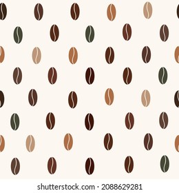 Seamless vector pattern with multicolored coffee beans on a light beige background. Coffee ornament for packaging, decoration, web.