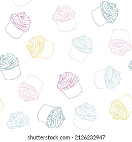 Seamless vector pattern with multicolored cupcake outlines on a white background. Birthday party print.