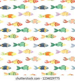 Seamless vector pattern. Multicolored fish on a white background, sea world, sea