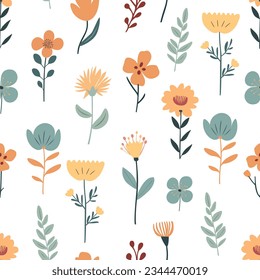 Seamless vector pattern with multicolored flowers in flat style on a light background.	