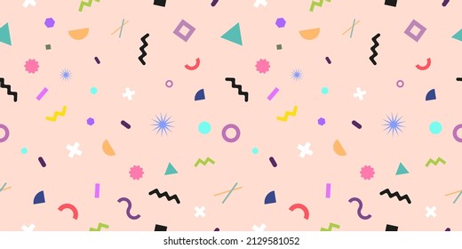 Seamless vector pattern with multicolored geometric shapes on pastel pink background.