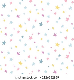 Seamless vector pattern with multicolored hand-drawn stars on a white background. Birthday party print