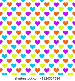 Seamless vector pattern with multicolored hearts on a white textured background. Festive cover, wrapping and wrapping background.