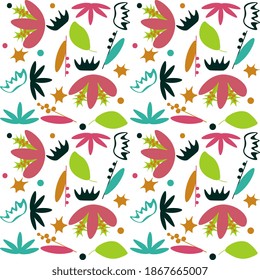 Seamless vector pattern with multicolored herbaceous elements on a white background, artistic. Design for cover, packaging, wallpaper.
