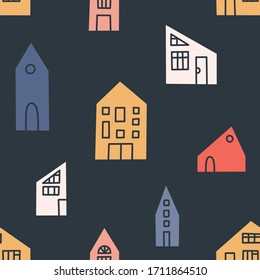 Seamless vector pattern with multi-colored houses. Hand drawn flat seamless background for cards, wrapping papers, posters. Isolation concept. Coronavirus pandemic concept, healthcare, quarantine