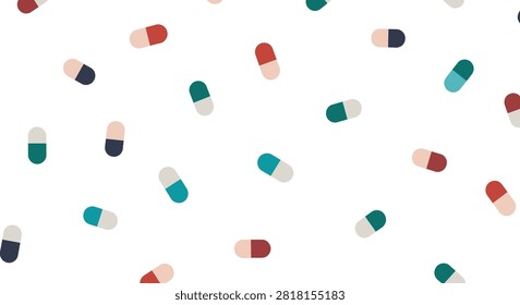 Seamless vector pattern of multicolored medical pill capsules scattered across a white background. Features flat-style pharmaceutical drug icons in red, teal, and navy tones.