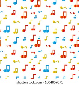 Seamless vector pattern, multicolored musical notes on a white background. 3d design illustration, eps 10.