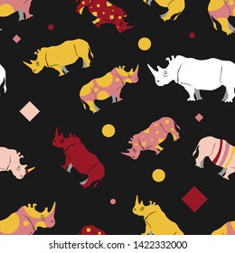 Seamless vector pattern multi-colored rhinoceros, yellow and pink rhinoceros on dark background, for textiles, jungle animal theme