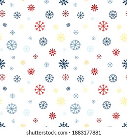 Seamless vector pattern with multi-colored snowflakes on a white background. Vector illustration for new year and Christmas, packaging, gifts.